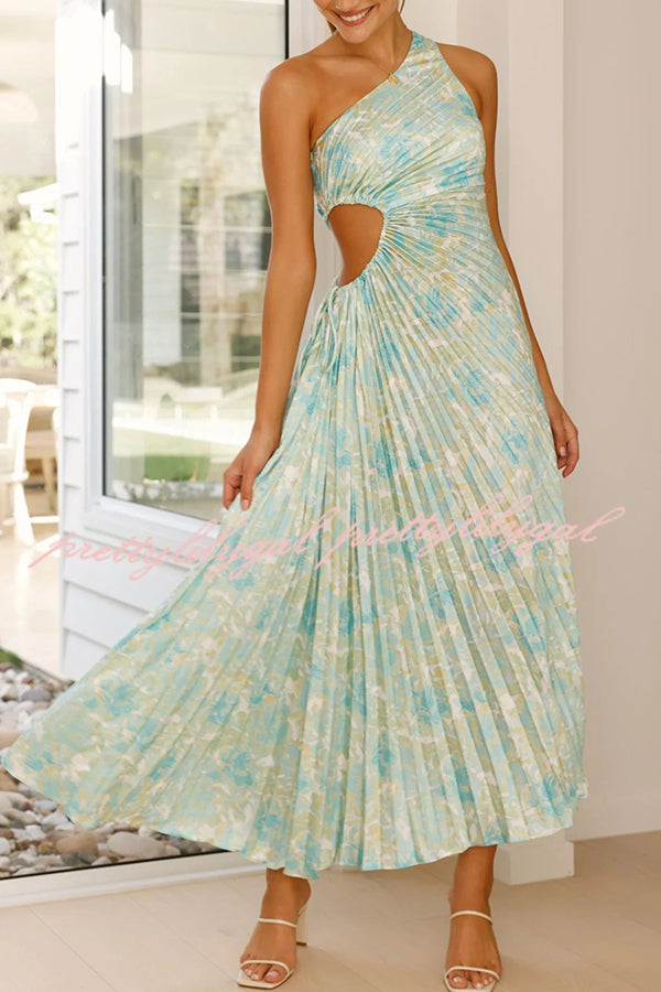 Charming One Shoulder Lace Up Cutout Pleated Maxi Dress