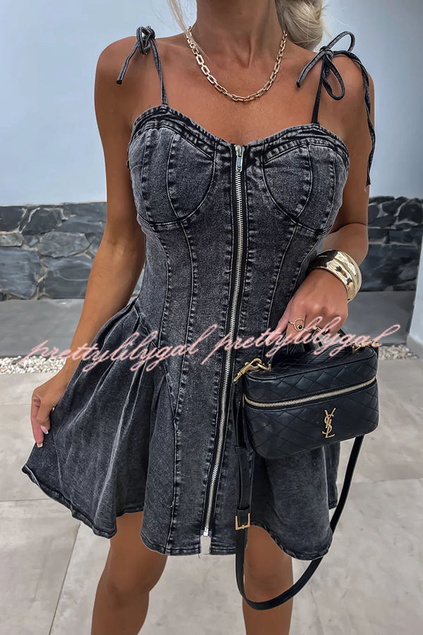 Sweet and Unique Washed Denim Center Front Zipper Stretch Mini Dress