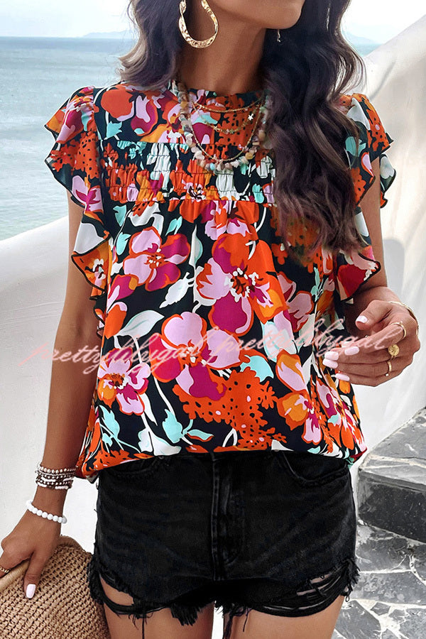 Floral Print Pleated Crew Neck Pullover Top