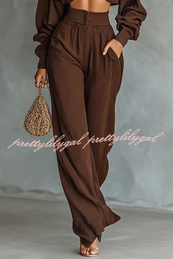 Solid Color Textured Fabric Round Neck Long-sleeved Top + High Waist Casual Pocket Wide-leg Pants Set
