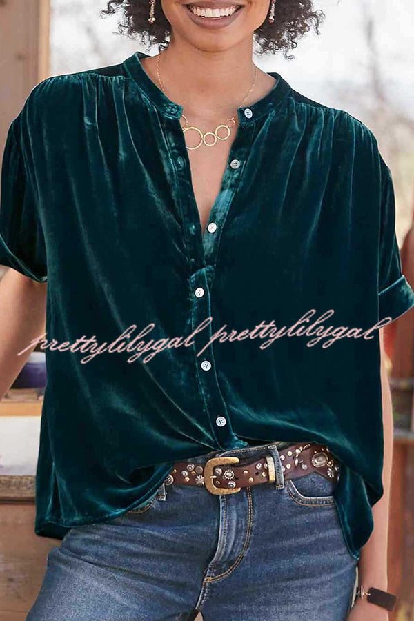 Velvet Solid Short Sleeve Round Neck Single Breasted Shirt