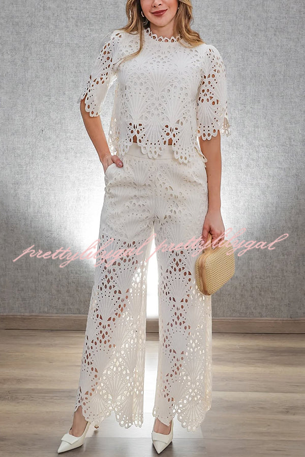 Eliose Scallop Cutout Embroidery Lace Elastic Waist Pocket Loose Pants