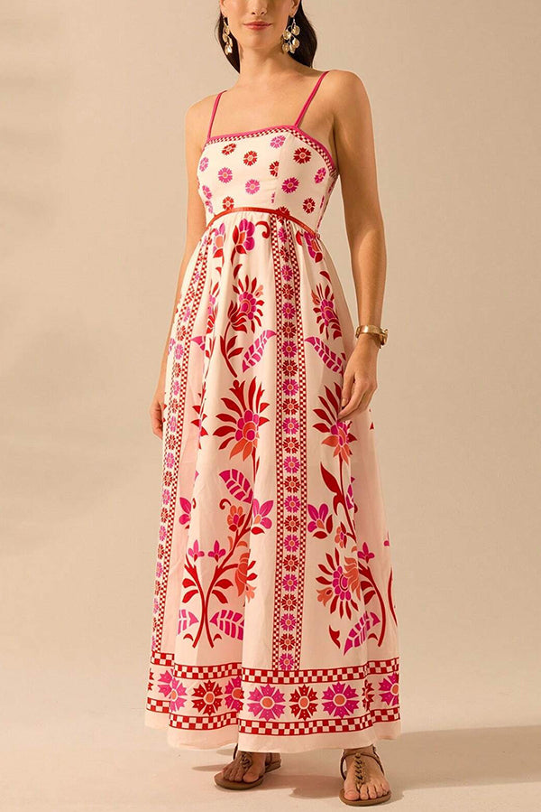 Unique Printed Sling Back Pleated Loose Holiday Maxi Dress