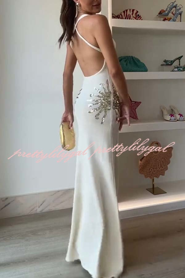 Sparkling Nights Knit Sunburst Sequin Detail Back Cross Straps Stretch Maxi Dress