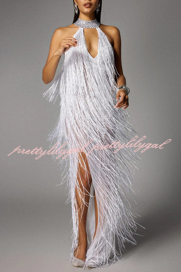 Glimmer Hour Shiny Layered Tassels Halter Cutout Neck Split Maxi Dress