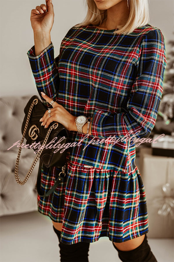 Fashionable Plaid Print Long Sleeve Round Neck Slim Fit Mini Dress