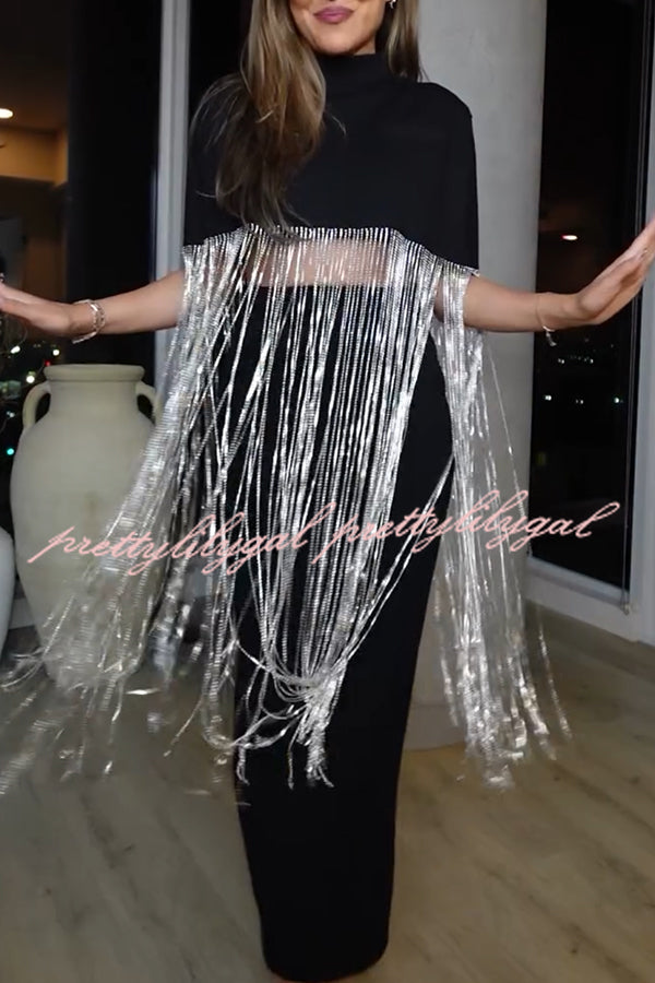 New Level Shiny Tassel Stand Neck Crop Cape Blouse