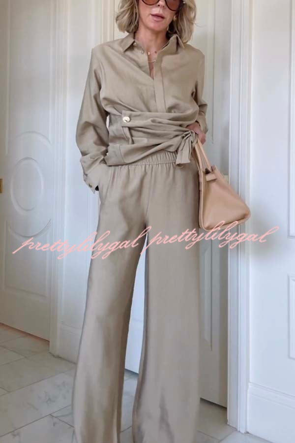 Juliette Cross-front Button Up Long Sleeve Shirt and Elastic Waist Pocket Loose Pants Set