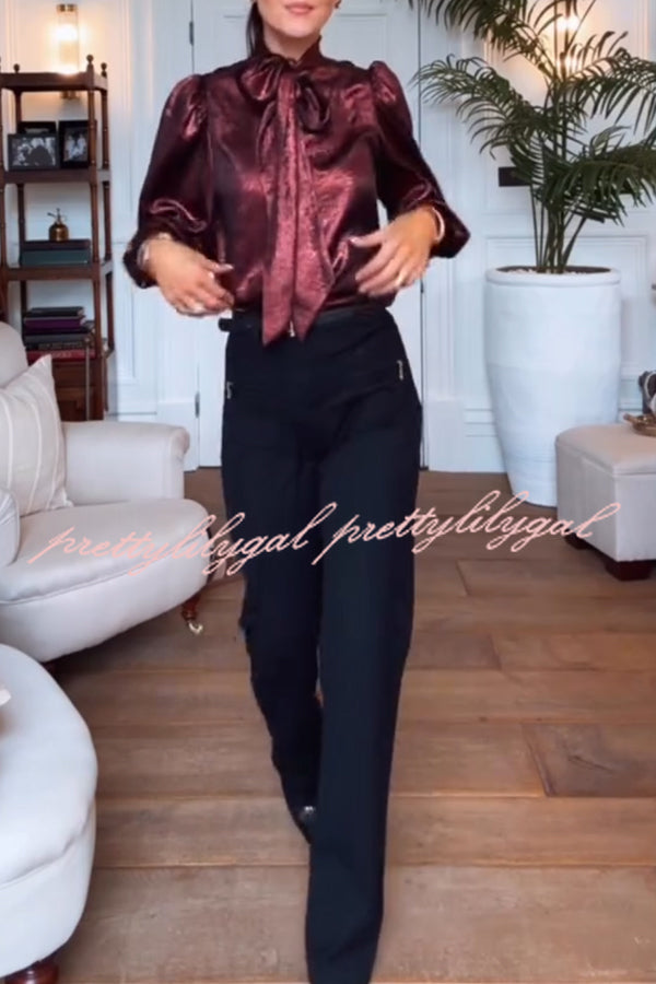 Ariella Metallic Satin Fabric Tie-up Bow Neck Long Sleeve Blouse
