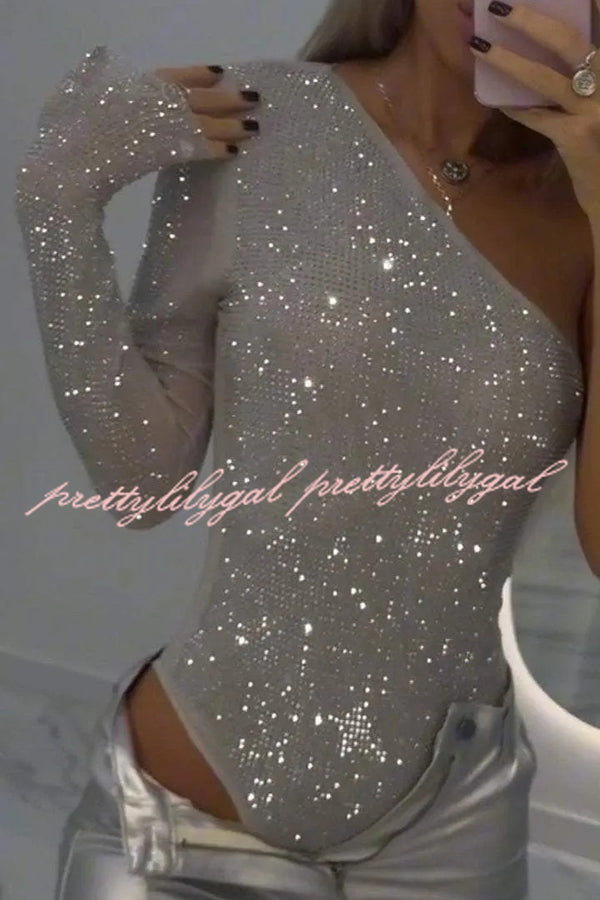 Solid Color Sequined One-shoulder Slim-fit Rompers