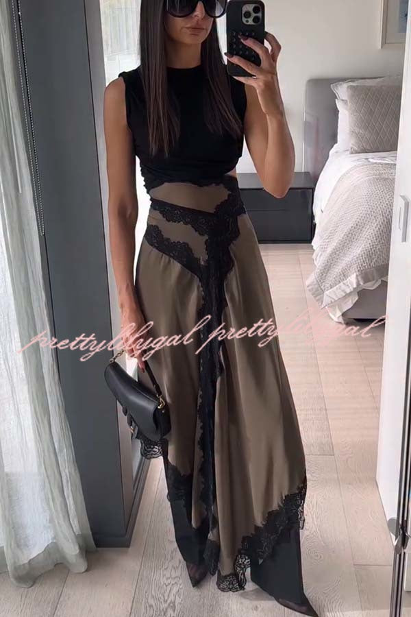 Verve Ribbed Jersey Cutout Waist Asymmetric Satin Lace Hem Maxi Dress