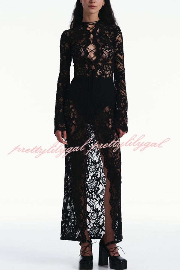 Garcelle Floral Lace Lace-up Long Bell Sleeve Slit Midi Dress
