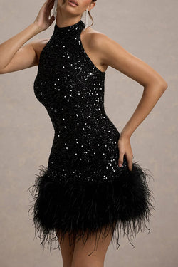 Dazzling and Playful Sequin High Neck Feather Trim Stretch Mini Dress