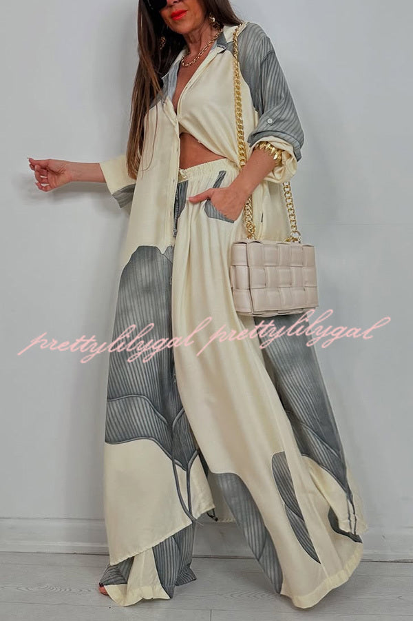 Unique Printed Casual Loose Long Shirt and Elastic Waist Pocket Wide Leg Pants Set