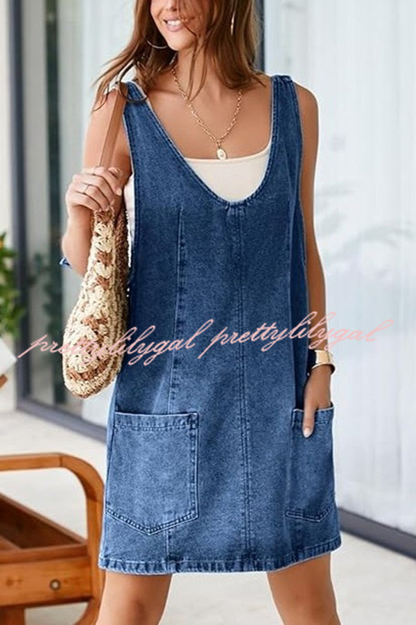 Solid Color Sleeveless V-neck Pocket Adjustable Denim Suspender Mini Dress