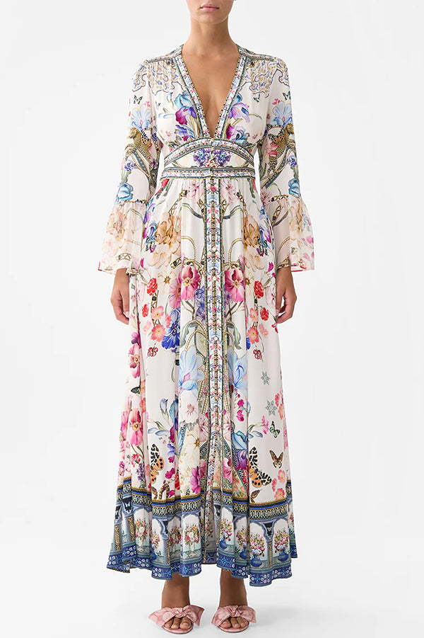 Fairy Tale Print V-Neck Lantern Sleeve Waist Maxi Dress