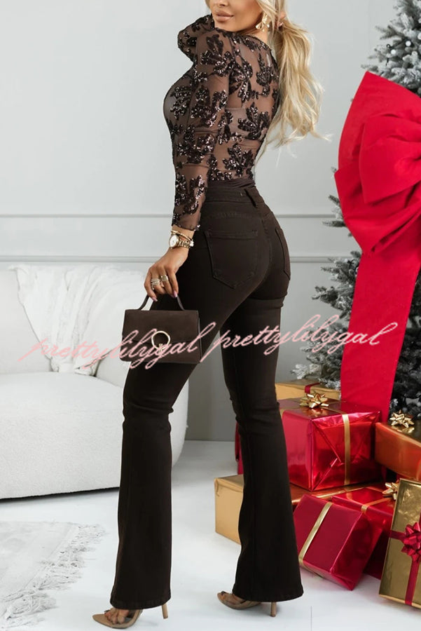 Dazzling and Sparkle Mesh Floral Sequin Long Sleeve Stretch Bodysuit