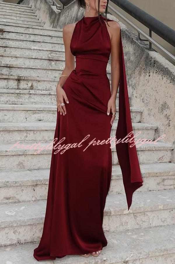 Solid Color Satin Elegant Sleeveless Waist Maxi Dress