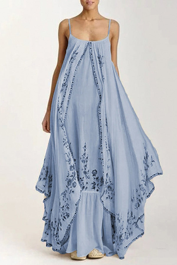 Botanical Print Suspenders Loose Full Hem Maxi Dress