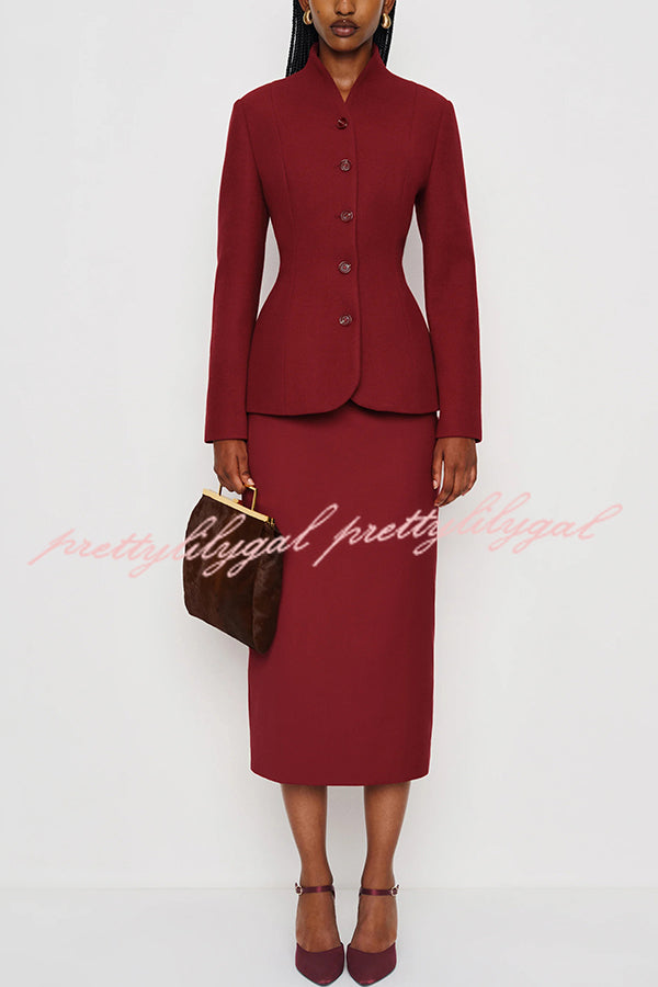 Retro Dramatic Stand Neck Button Up Long Sleeve Curved Waist Jacket