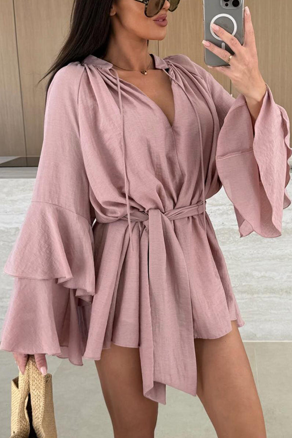 Solid Color V-neck Ruffled Long Sleeve Waist Tie Mini Dress