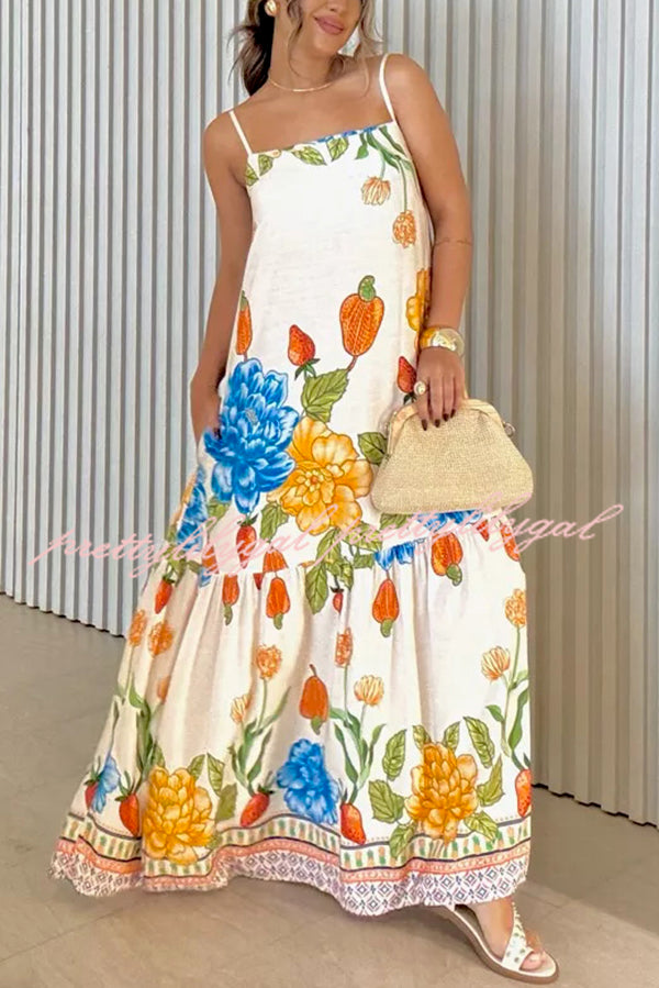 Floral Print Halter Back Loose Pocket Full Hem Maxi Dress