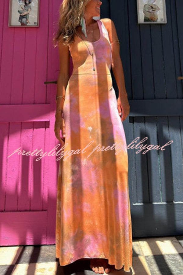 La Bamba Tie-dye Print Back Lace-up Stretch Maxi Dress