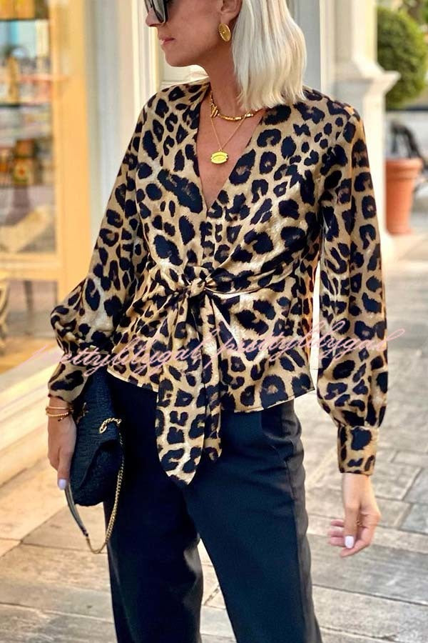 Janae Leopard Print Front Tie-up Lantern Sleeve Casual Blouse