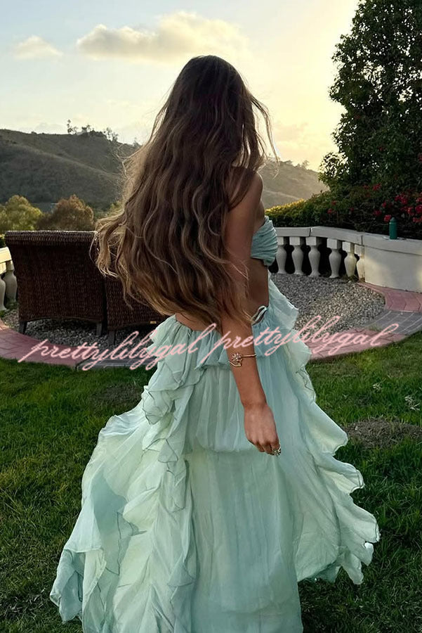 Gorgeous Vacation Halter Rose Detail Cut Out Ruffles Backless Maxi Dress