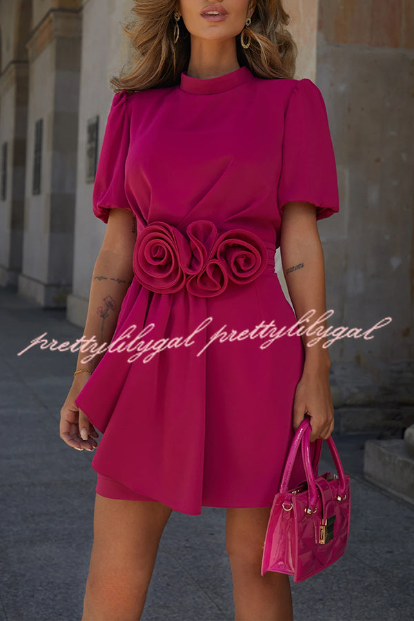 Sweet Surprise Puff Sleeve Rose Ruffles Detail Waist Backless Mini Dress