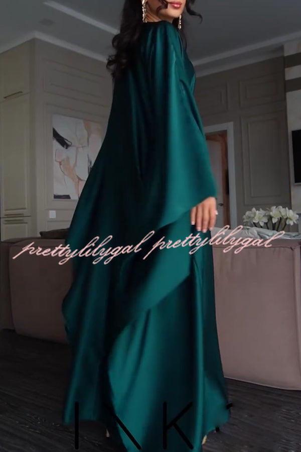 Dignified and Elegant Satin Batwing Sleeve with Waist Tie Design A-line Maxi Dress