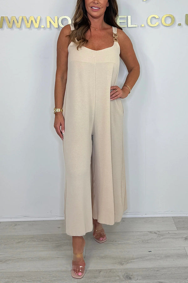 Solid Color Metal Decoration Sleeveless Loose Casual Wide-leg Jumpsuit