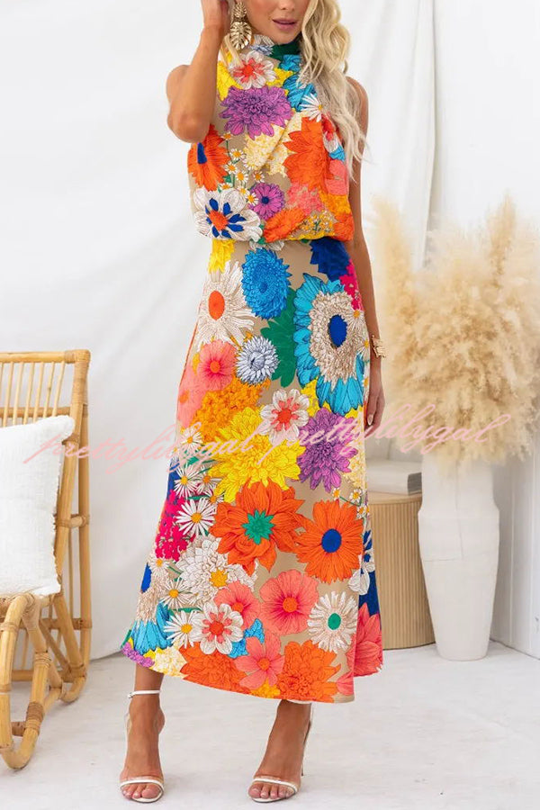 Land of Beauty Floral Print Halter Neck Elastic Waist Party Maxi Dress