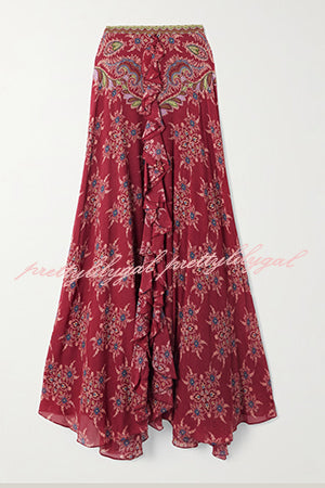 Unique Printed Chiffon Long-sleeved Loose Shirt and Elegant Ruffled Maxi Skirt Set