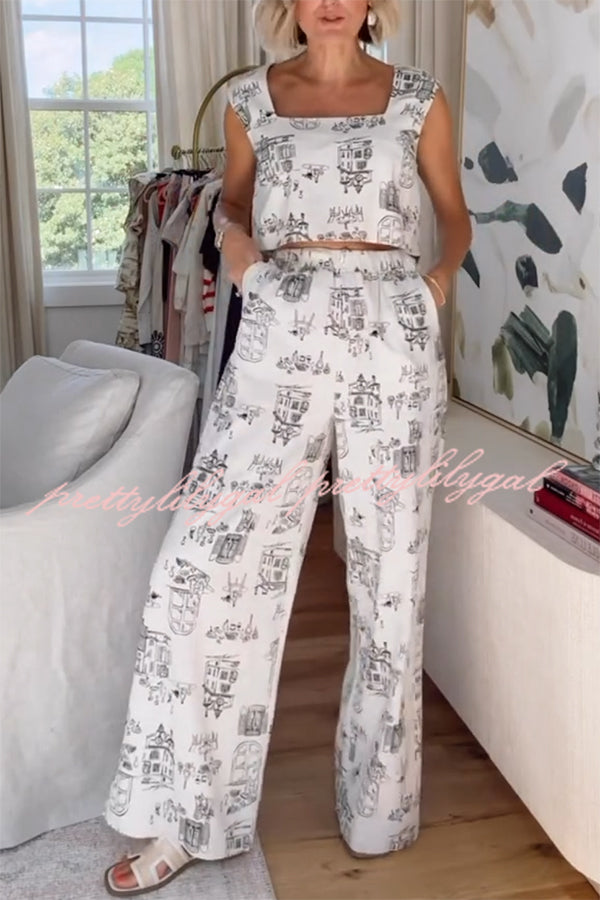 Maeve Linen Blend Unique Print Square Neck Tank and Elastic Waist Pocket Loose Pants Set