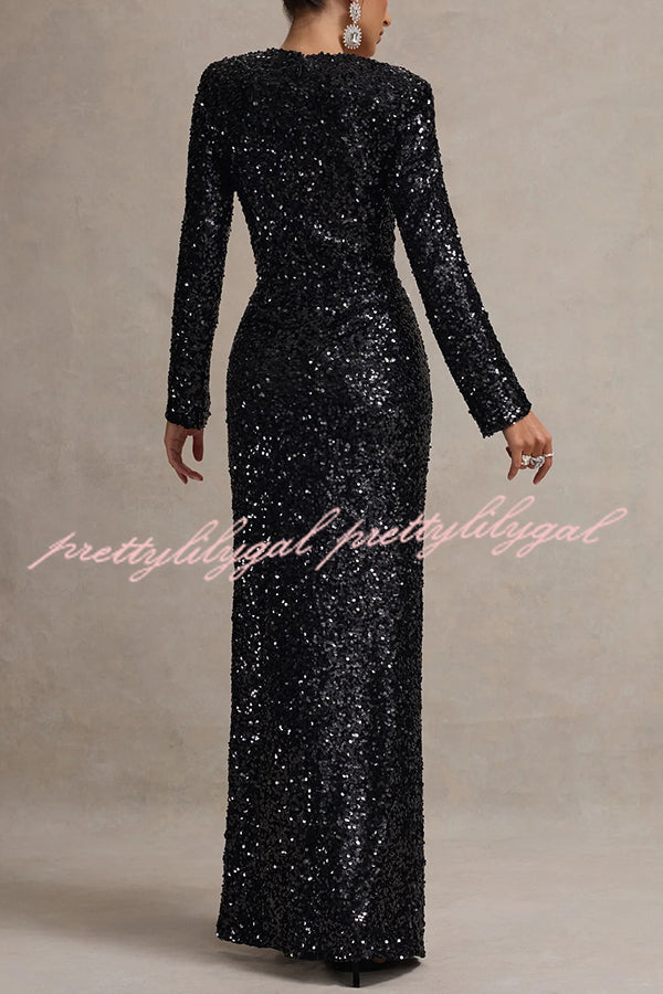 My Dream Sequin Square Neck Long Sleeves Slit Maxi Dress