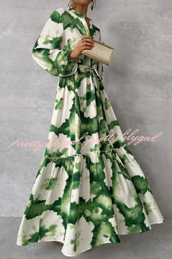 Unique Printed V-neck Long Sleeve Waist Tie-down Maxi Dress