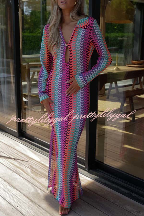 Eleanor Knit Colorful Wave Unique Print Shirt U-neck Long Sleeve Slit Maxi Dress