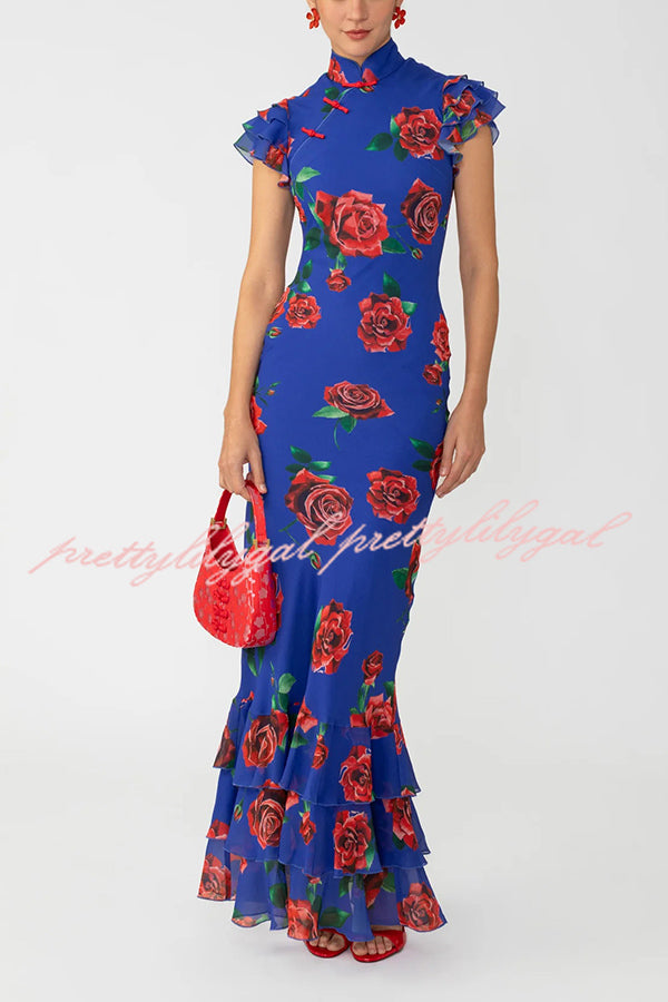 Cheongsam Style Rose Print Layered Trumpet Sleeves Stand Collar Maxi Dress