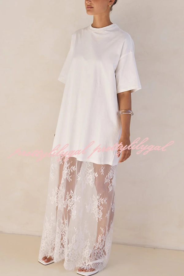Ophelia Short Sleeve Sheer Floral Lace Hem Oversized T-shirt Maxi Dress