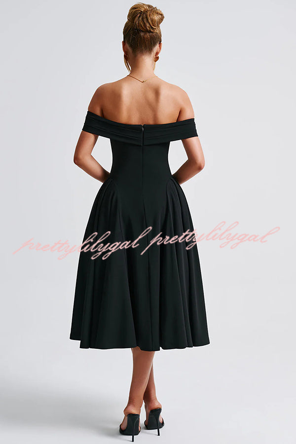 Princess Temperament Batdot Neck Pleat Detail Midi Dress