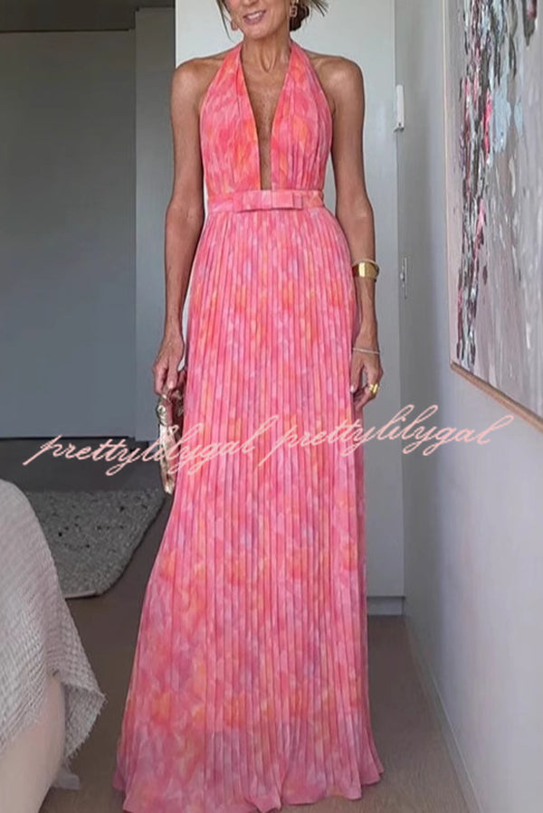 Unique Print Sexy Halter Neck Tie Pleated Vacation Maxi Dress