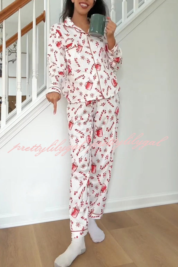 Christmas Candy and Drink Printed Long-sleeved Shirt and Elastic Waist Pocket Pants Set