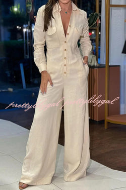 Linen Blend Lapel Long Sleeve Button Pocket Wide Leg Jumpsuit