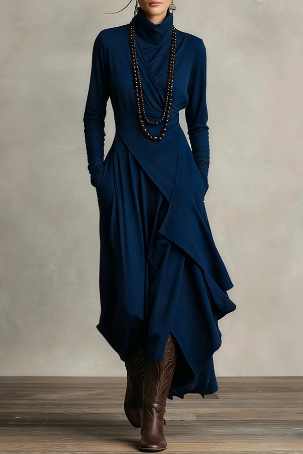 Solid Color High-neck Long-sleeved Irregular Casual Maxi Dress –  prettylilygal