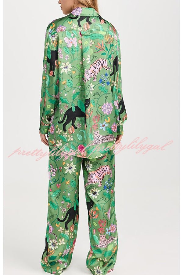 Quiet Jungle Satin Unique Print Long Sleeve Shirt and Elastic Waist Pocket Lounge Pants Set