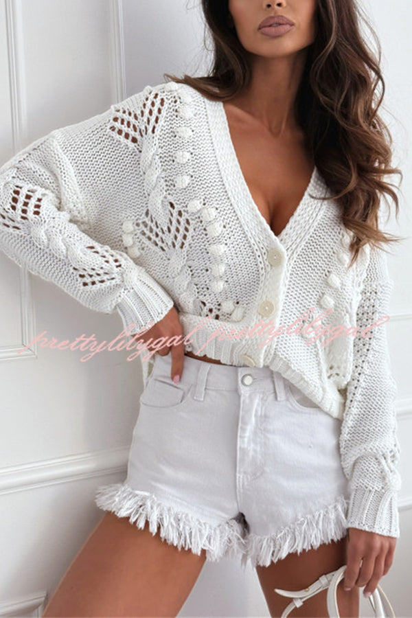 Fashion Hollow Long Sleeve V-neck Button Loose Knitted Cardigan