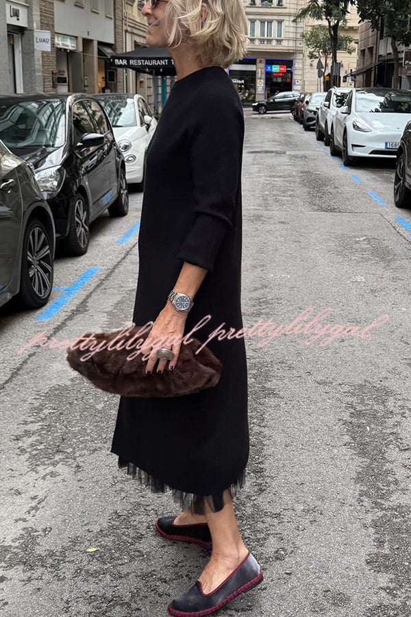 Jollie Knit Long Sleeve Front Slit Midi Sweater and Pleated Tulle Stretch Tank Midi Dress Two-piece Set