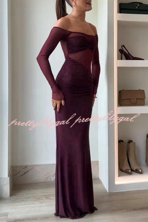 Forever Shimmering Sequin Mesh Patchwork Long Sleeve Strapless Stretch Maxi Dress