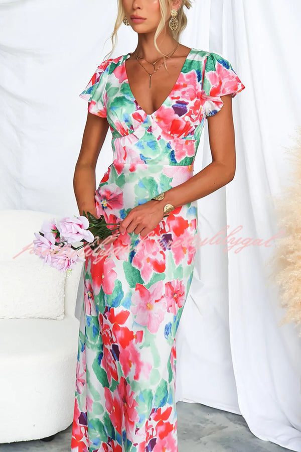 Say I Do Satin Floral Print Cap Sleeves Maxi Dress